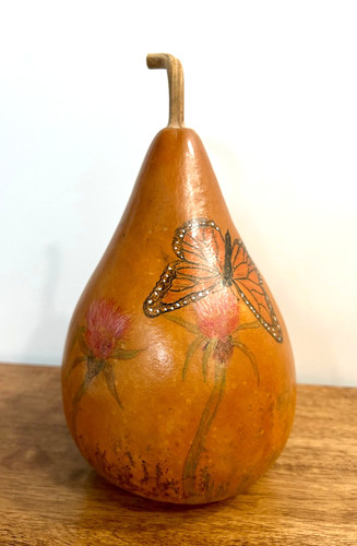Vintage Folk Art Hand-Painted Butterflies and Flowers Large Gourd 11" Signed
