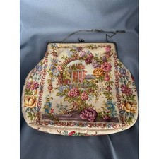 Vintage Petit Point Tapestry Handbag Floral Pastoral Scene Kiss Lock Chain Bag