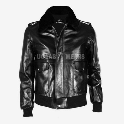 Mens Genuine Leather Bomber Pilot Removable Fur Collar A2 Flight