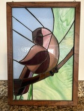 Vintage Stained Glass Bird Art Panel in Wood Frame Blue Bird 17 1/2  X 11 1/2