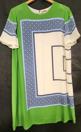 Abito donna corto Tory Burch Mallory 100% seta verde a tubino geometrico tg 14 NUOVO