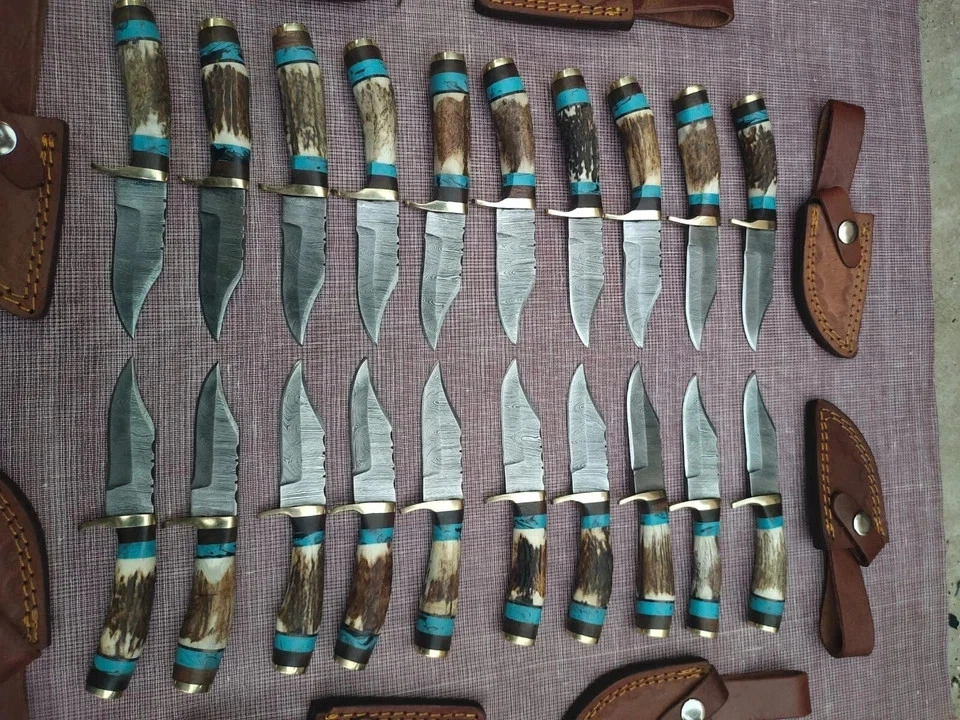 LOTS OF 10, 6" INCHES HANDMADE DAMASCUS STEEL SKINNER KNIVES STAG HORN W/SHEATH - Image 3 of 4