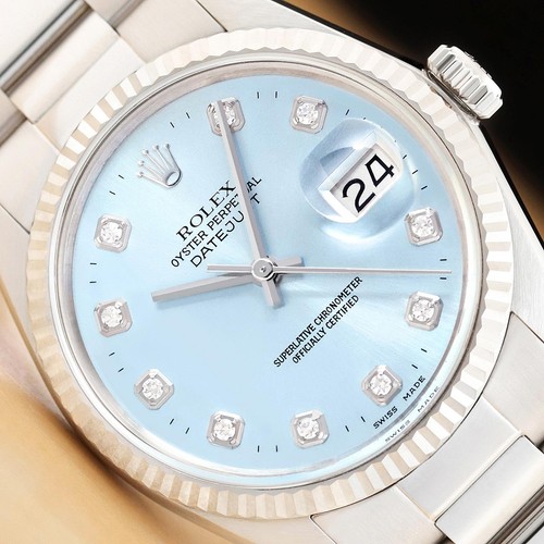 ROLEX MENS DATEJUST 16014 ICE BLUE DIAMOND DIAL 18K GOLD STEEL OYSTER BAND WATCH