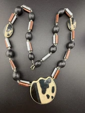 Vintage Boho Necklace Southwestern Cow Print Beaded 30”