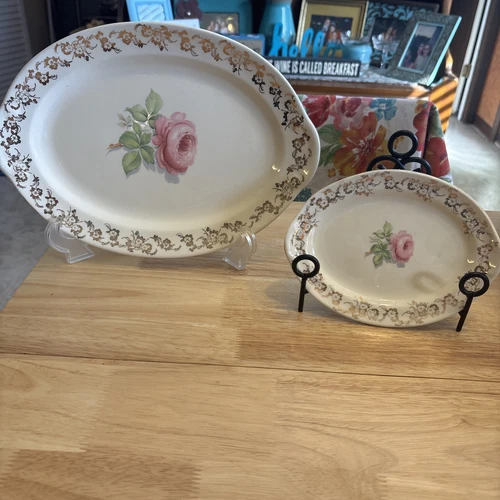 Vintage Set 2 Taylor Smith Floral Pink Rose China Serving Platter With Tabs