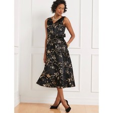 Talbots 22W NWT Black Gold Metallic Floral Jacquard Fit Flare Midi Dress Belted