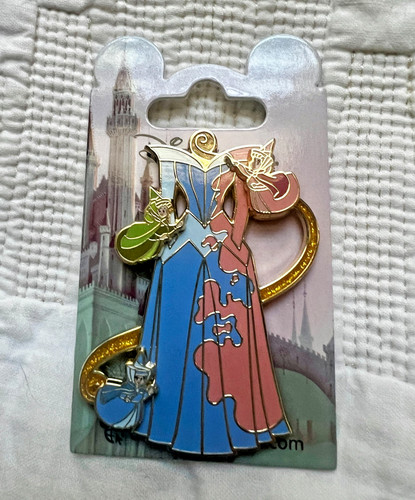 Disneyland Paris Aurora Dress Pin with Fairies Sleeping Beauty Pink Blue
