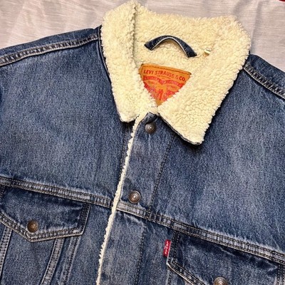 Levis Mens Sherpa Lined Denim Trucker Jacket XLT Blue Tall Rugged Workwear