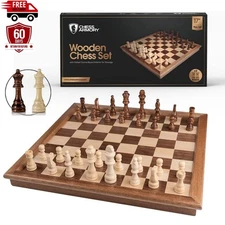 Large Wooden Chess Board Set 17" for Adults and Kids Includes Extra Queen Pieces