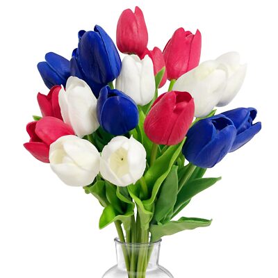 18 Pcs 13 Inches Artificial Tulip Flowers Bouquet Red White Blue Faux Tulips ...