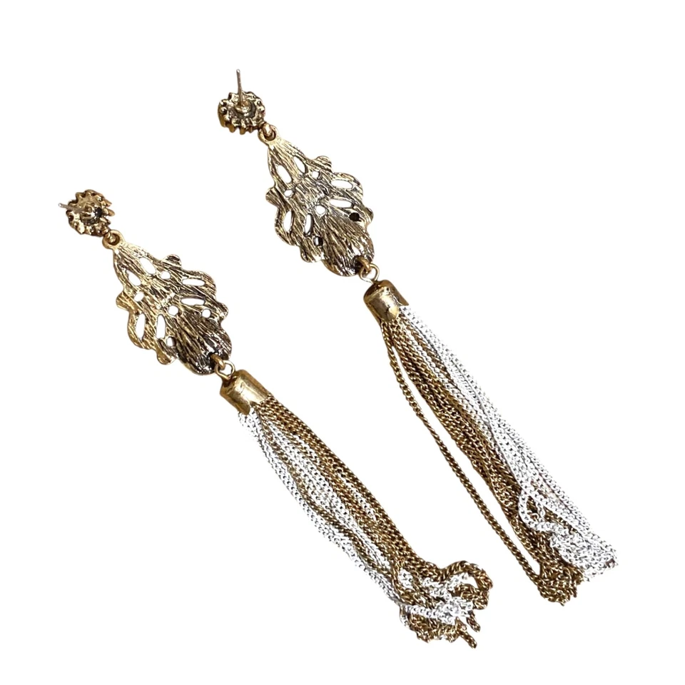 Rhinestone Chain Tassel Drop Earrings Pierced Long Beaded Dangle Antiqued Boho - Image 2 of 4