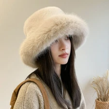 Women Bucket Hat Cap Faux Fur Fluffy Plush Russian Cossack Ski Winter Soft Warm