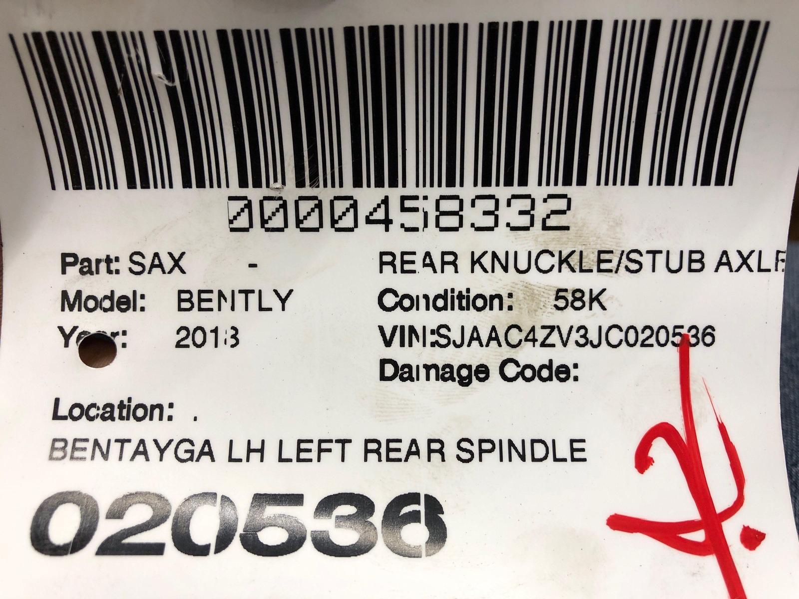 2016-2020 BENTLEY BENTAYGA LEFT REAR SPINDLE KNUCKLE WHEEL BEARING HUB OEM 2019