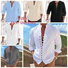 Men Henley Button Up Shirts Solid Linen Hippie Beach Collarless Long Sleeve Soft
