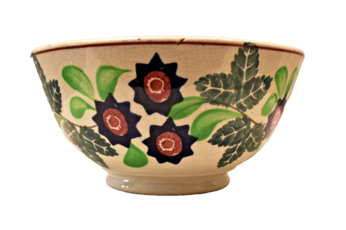 Bol de poterie anglaise antique éponge décoration de feuilles de houx et de fleurs »Ib38 - Photo 1/6