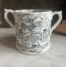 Antique C1850 English TRUST IN GOD Loving Cup TYG FARMERS ARMS Two Handled Mug