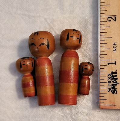 Vintage MINIATURE Japanese Wood Kokeshi Doll Family Two Adults