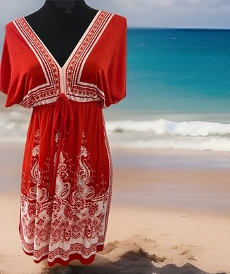 SAX  Beach Lightweight Red White Women Swimsuit Cover Up V-Neck Dress Sz.M Nice