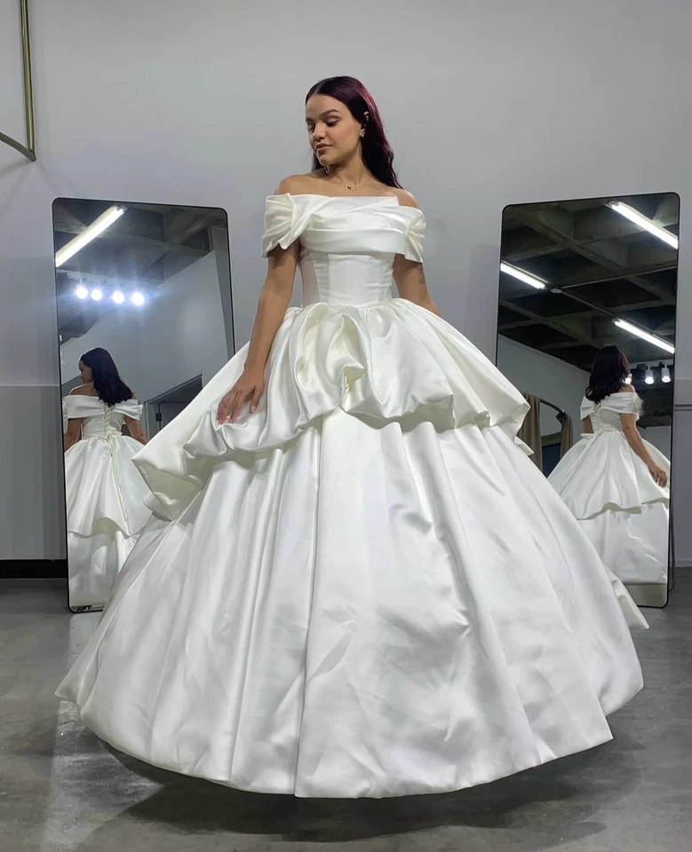 Elegant Wedding Dresses Off The Shoulder Satin A Line Sweep Train Bridal Gowns - Image 3 of 4