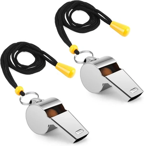 2 Pc Whistle For Coaches with Lanyard Stainless Steel Loud Crisp Sport Whistles