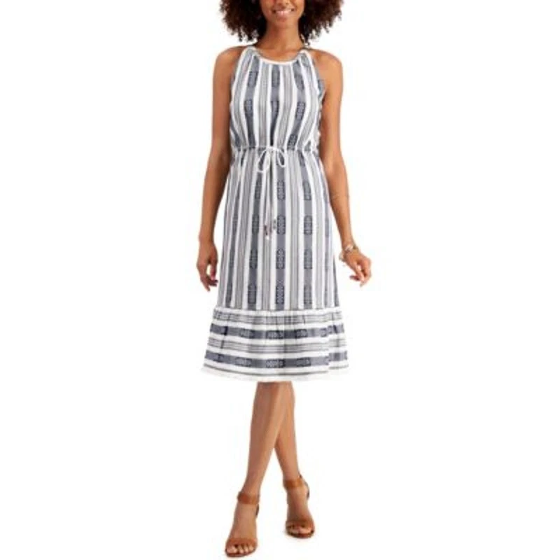 Style & Co Striped Jacquard Midi Dress Size Petite Small Blue and White - Image 2 of 4