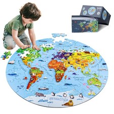 World Map Jigsaw Puzzle for Kids 4-8, 70 Piece Large Round Floor Puzzles for.