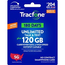 Tracfone 204 Unlimited Talk  Text, 120 GB / 180 Days Physical Card 