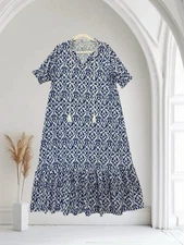 Women’s Ikat Print Tie Neck Maxi Dress Size XL Lightweight Boho Chic