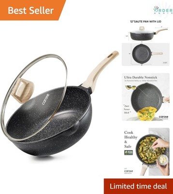 Deep Frying Pan Nonstick Granite 12 Inch with Lid Saute Pan Induction