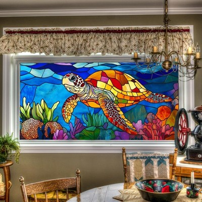 Sea Turtle Stained Glass Window Film 39.37x17.72 Inches Static Cling Privacy ...