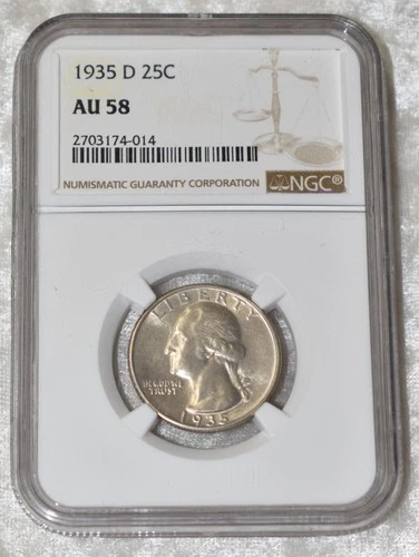 1935 D WASHINGTON 90% SILVER QUARTER DOLLAR NGC AU 58 AU58 DENVER MINT USA COIN