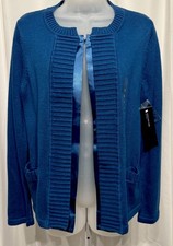 Jones New York Signature Sweater Small Blue open cardigan Satin Trim NWT