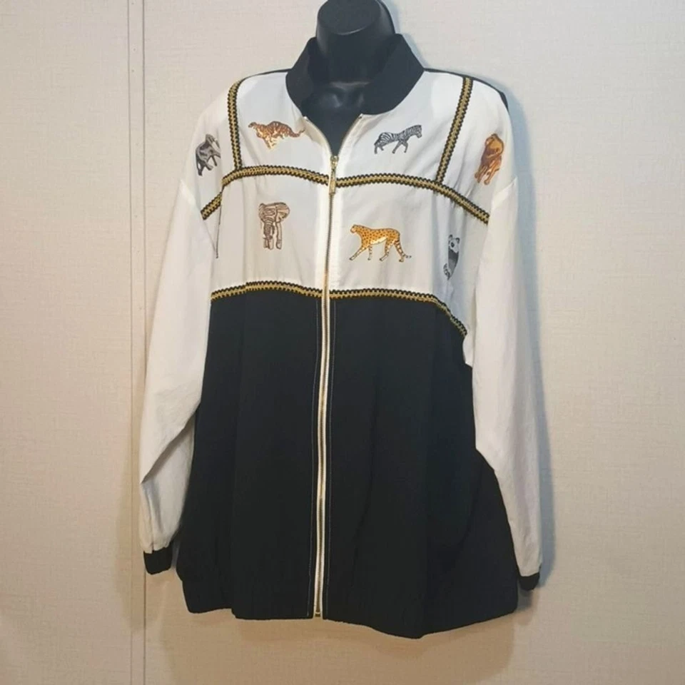 Sport Savvy Jacket 1X Vintage Lightweight 80s Animal Print Color Block Zip Up - Image 2 of 4