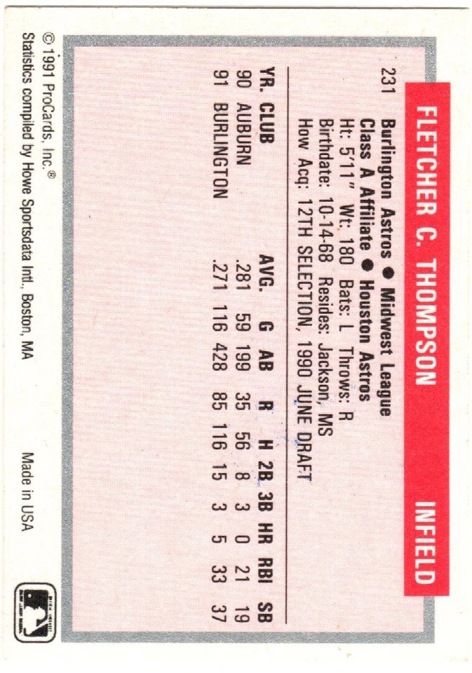 Fletcher Thompson Autograph 1992 ProCards Minor League Auto Card ASTROS - Image 2 of 2