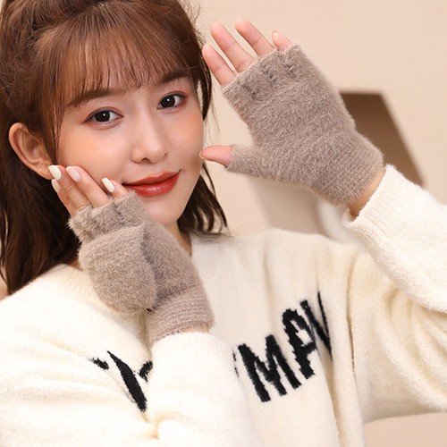 Womens Soft Winter Warm Half Finger Gloves Fluffy Plush Fingerless Flip Glove ^ - Foto 3 di 17
