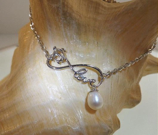 Гавайская родиевая серебряная черепаха 925 пробы Infinity Love FW с белым жемчугом на лодыжке 9–11 дюймов - Изображение 4 из 4