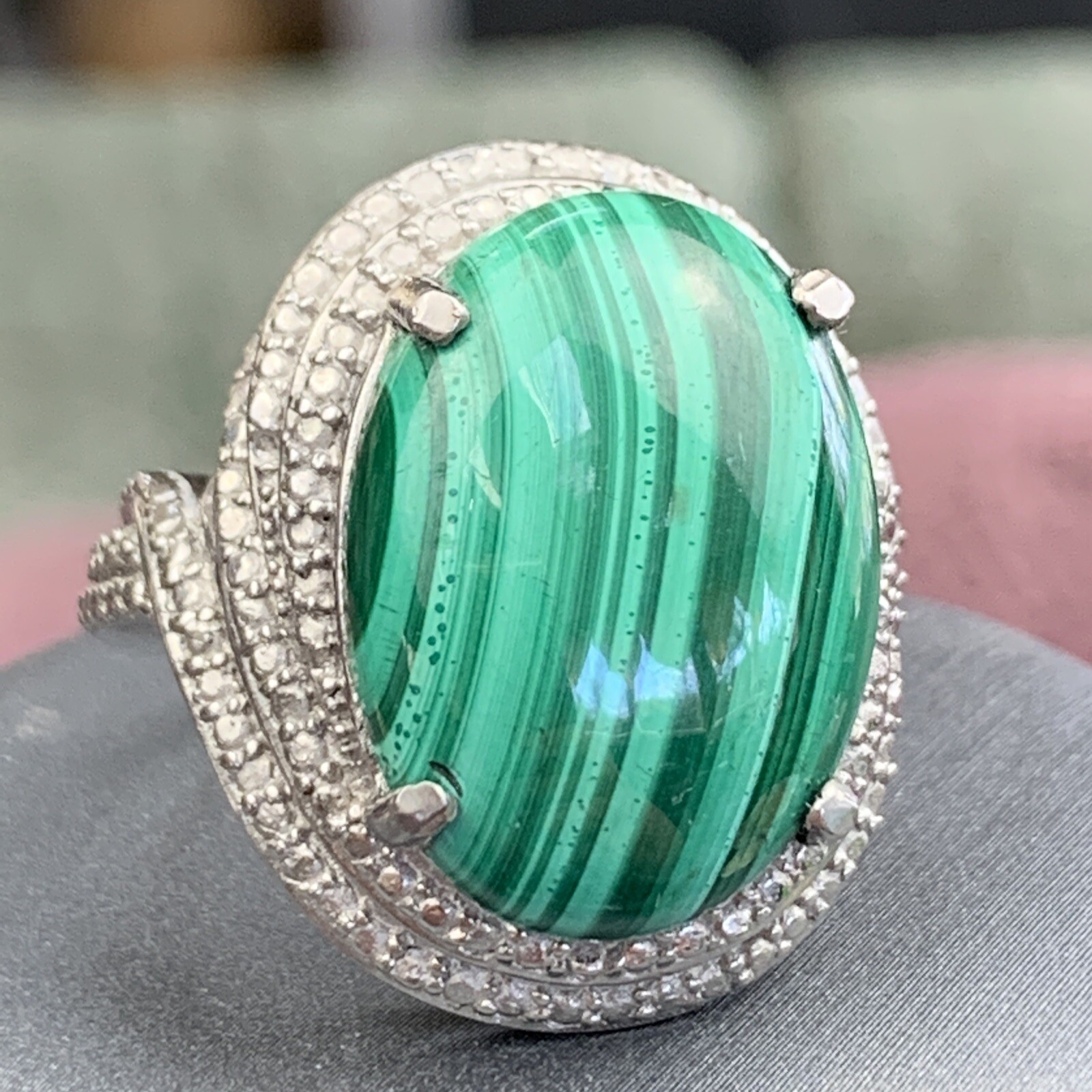 ￼large Malachite￼ Stone Cabochon￼Statement ring￼￼… - image 1