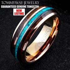 8mm Rose Gold Tungsten Carbide Blue/Teal Opal w/ Wood Stripes Wedding Band Ring