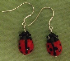 LADYBUG GLASS BEAD EARRINGS - Sterling Silver Ear Wires or GP LADYBIRD BEETLE