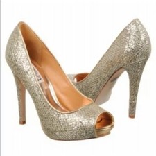 Badgley Mischka Size 6 Gold Humbie Metallic Glitter Pumps Sequin Heels Peep Toe