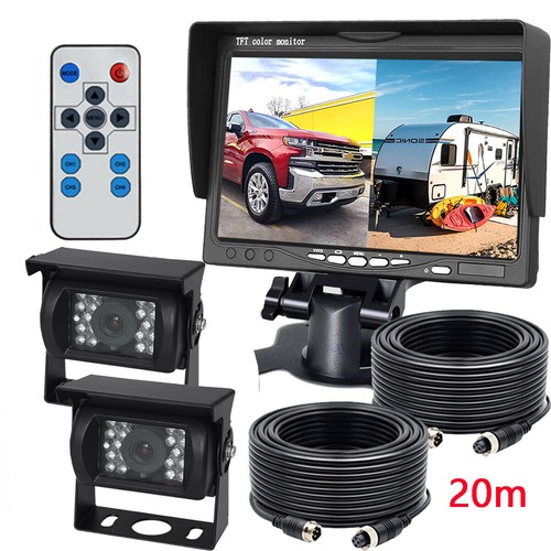 7" Quad Split Screen Monitor Truck Trailer+2x Rear Backup Camera 20m ...
