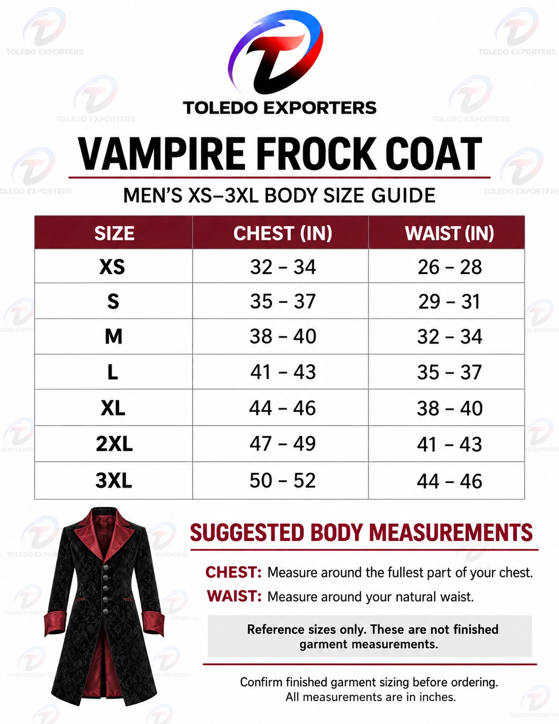 Men’s Gothic Vampire Coat, Black Damask Velvet with Burgundy Lapels and Cuffs - product detail image 3