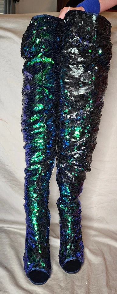 Botas Camssoo Sobre la Rodilla Sirena Lentejuelas Mujer 10 Verde Azul Punta Abierta Stiletto Foto 3 de 4