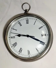 Large Pottery Barn Pocket Watch Wall Clock Heavy Brushed Silver Pewter Metal 9" 
