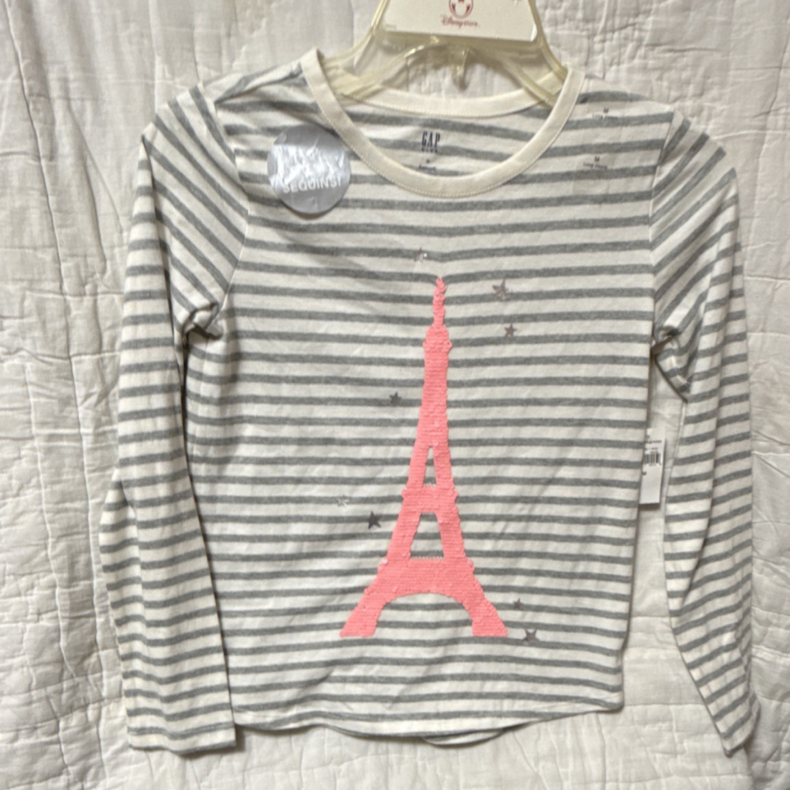 GAP Kids Girls M (8-9) Gray/White Striped Long Sleeve Tee Reversible Sequin