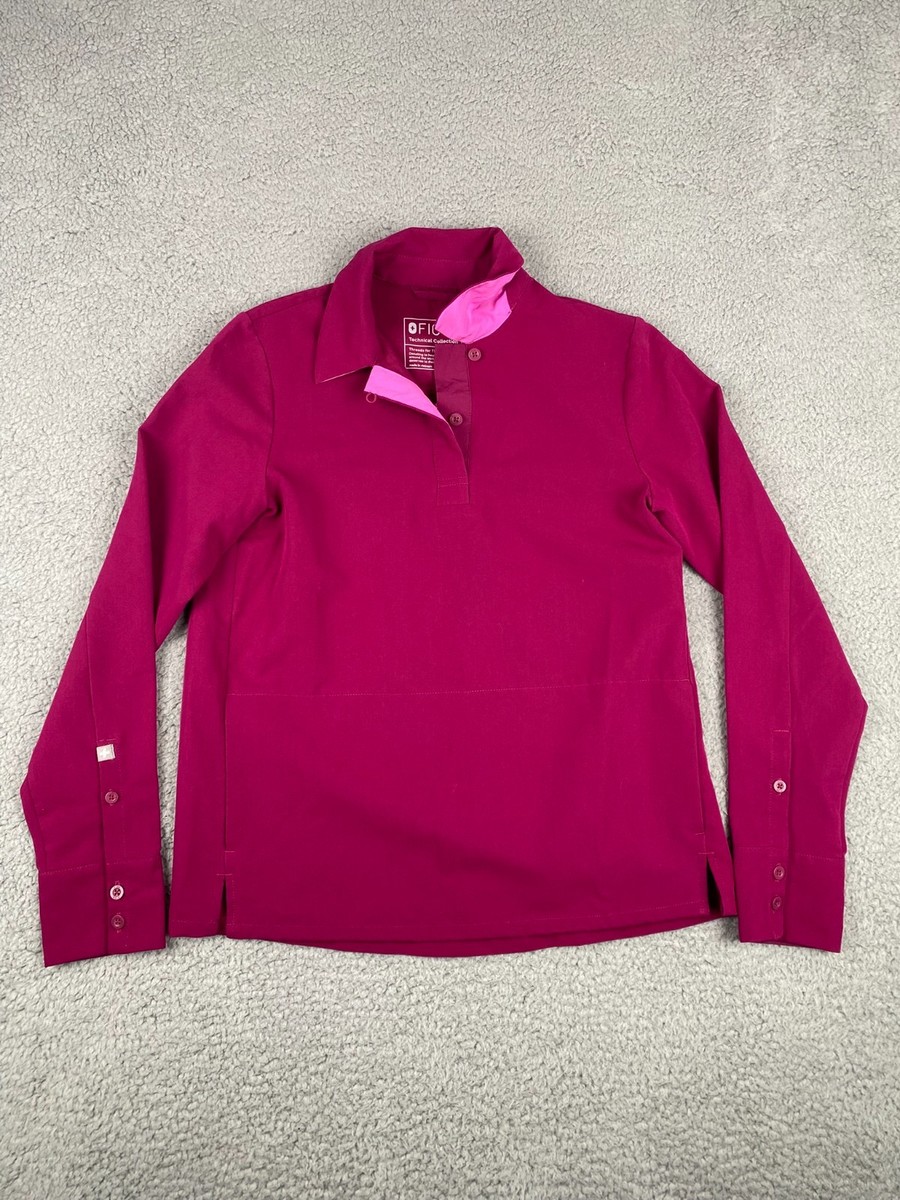 FIGS Nala Scrub Polo Top Womens XXS Fuchsia Deep Pink Long Sleeve