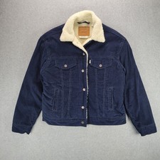 Levi's Corduroy Sherpa Trucker Jacket Women Size M Navy Blue Premium Lined