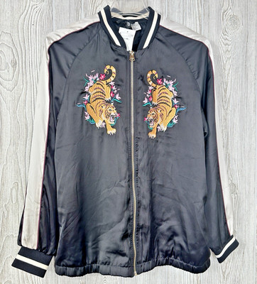 NWT Divided H&M Black Satin Embroidered Tigers Zip Front Jacket Lined Size 10