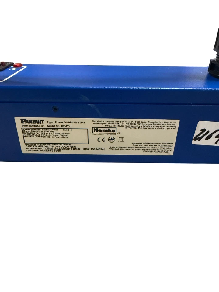 Unidad de distribución de energía PDU azul Panduit GE-PDU 60 Amp 200-208VAC 50/60Hz Foto 3 de 4