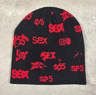 Sp5der Fuzzy Sex Logo Skully Beanie Embroidered Knit Hat Black Red